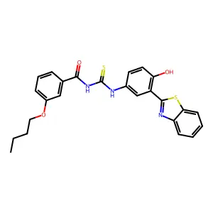 N-((3-(benzo[d]thiazol-2-yl)-4-hydroxyphenyl)carbamothioyl)-3-butoxybenzamide structure