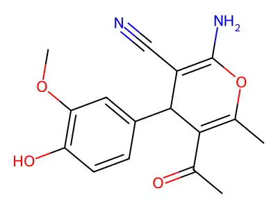 5-acetyl-2-amino-4-(4-hydroxy-3-methoxyphenyl)-6-methyl-4H-pyran-3-carbonitrile structure