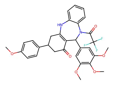 2,2,2-trifluoro-1-[1-hydroxy-3-(4-methoxyphenyl)-11-(3,4,5-trimethoxyphenyl)-2,3,4,11-tetrahydro-10H-dibenzo[b,e][1,4]diazepin-10-yl]ethanone structure