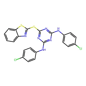 6-(1,3-benzothiazol-2-ylsulfanyl)-N,N'-bis(4-chlorophenyl)-1,3,5-triazine-2,4-diamine structure