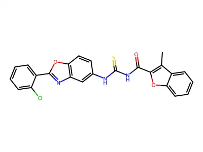 N-[[2-(2-chlorophenyl)-1,3-benzoxazol-5-yl]carbamothioyl]-3-methyl-1-benzofuran-2-carboxamide structure