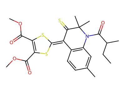 dimethyl 2-[2,2,7-trimethyl-1-(2-methylbutanoyl)-3-thioxo-2,3-dihydroquinolin-4(1H)-ylidene]-1,3-dithiole-4,5-dicarboxylate structure