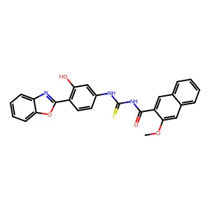N-((4-(benzo[d]oxazol-2-yl)-3-hydroxyphenyl)carbamothioyl)-3-methoxy-2-naphthamide structure