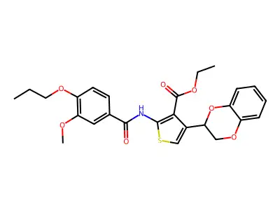 ethyl 4-(2,3-dihydro-1,4-benzodioxin-2-yl)-2-[(3-methoxy-4-propoxybenzoyl)amino]-3-thiophenecarboxylate structure