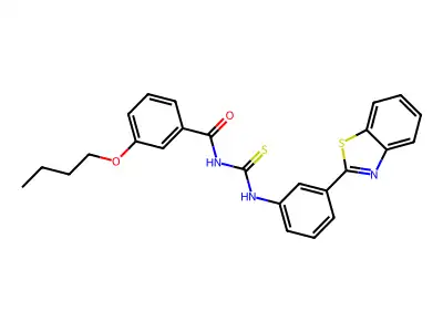N-[[3-(1,3-benzothiazol-2-yl)phenyl]carbamothioyl]-3-butoxybenzamide structure