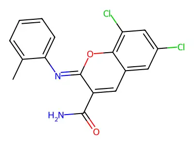 (2Z)-6,8-dichloro-2-[(2-methylphenyl)imino]-2H-chromene-3-carboxamide structure