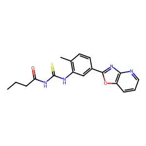 N-[[2-methyl-5-([1,3]oxazolo[4,5-b]pyridin-2-yl)phenyl]carbamothioyl]butanamide structure