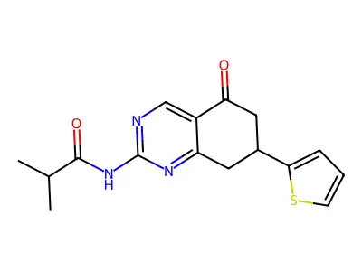 2-methyl-N-(5-oxo-7-thiophen-2-yl-7,8-dihydro-6H-quinazolin-2-yl)propanamide structure