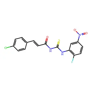 (E)-3-(4-chlorophenyl)-N-[(2-fluoro-5-nitrophenyl)carbamothioyl]prop-2-enamide structure