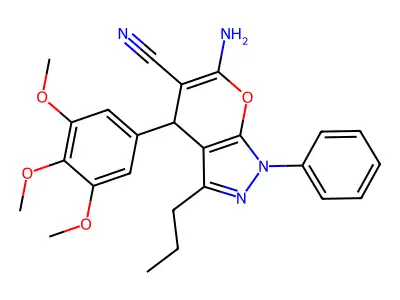 6-amino-1-phenyl-3-propyl-4-(3,4,5-trimethoxyphenyl)-1,4-dihydropyrano[2,3-c]pyrazole-5-carbonitrile structure