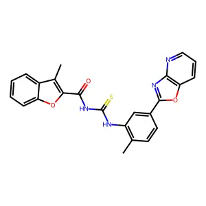 3-methyl-N-[[2-methyl-5-([1,3]oxazolo[4,5-b]pyridin-2-yl)phenyl]carbamothioyl]-1-benzofuran-2-carboxamide structure