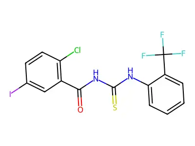 2-chloro-5-iodo-N-[[2-(trifluoromethyl)phenyl]carbamothioyl]benzamide structure