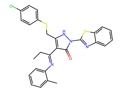 (4E)-2-(1,3-benzothiazol-2-yl)-5-[(4-chlorophenyl)sulfanylmethyl]-4-[1-(2-methylanilino)propylidene]pyrazol-3-one structure