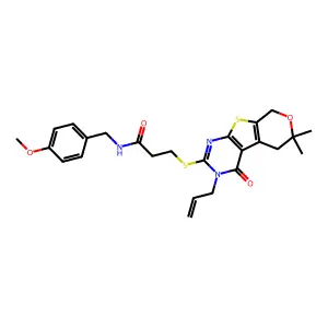3-{[6,6-dimethyl-4-oxo-3-(prop-2-en-1-yl)-3,5,6,8-tetrahydro-4H-pyrano[4',3':4,5]thieno[2,3-d]pyrimidin-2-yl]sulfanyl}-N-(4-methoxybenzyl)propanamide structure