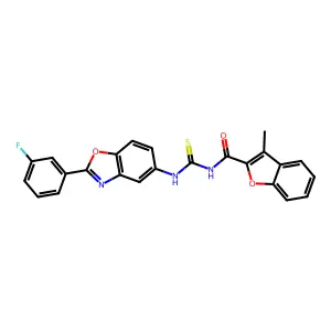 N-[[2-(3-fluorophenyl)-1,3-benzoxazol-5-yl]carbamothioyl]-3-methyl-1-benzofuran-2-carboxamide structure