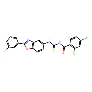 2,4-dichloro-N-{[2-(3-fluorophenyl)-1,3-benzoxazol-5-yl]carbamothioyl}benzamide structure