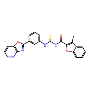 3-methyl-N-{[3-([1,3]oxazolo[4,5-b]pyridin-2-yl)phenyl]carbamothioyl}-1-benzofuran-2-carboxamide structure