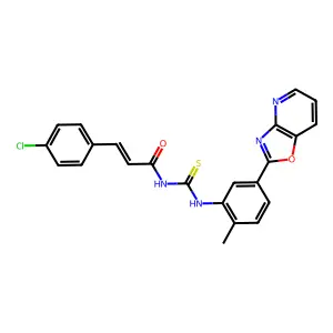 (2E)-3-(4-chlorophenyl)-N-{[2-methyl-5-([1,3]oxazolo[4,5-b]pyridin-2-yl)phenyl]carbamothioyl}prop-2-enamide structure
