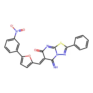 (6Z)-5-imino-6-[[5-(3-nitrophenyl)furan-2-yl]methylidene]-2-phenyl-[1,3,4]thiadiazolo[3,2-a]pyrimidin-7-one structure