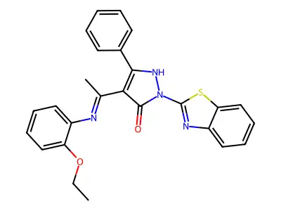 (4E)-2-(1,3-benzothiazol-2-yl)-4-{1-[(2-ethoxyphenyl)amino]ethylidene}-5-phenyl-2,4-dihydro-3H-pyrazol-3-one structure