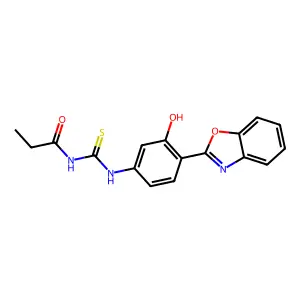 N-((4-(benzo[d]oxazol-2-yl)-3-hydroxyphenyl)carbamothioyl)propionamide structure