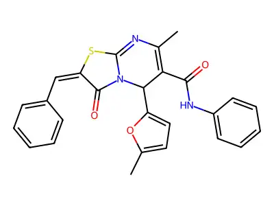 (2E)-2-benzylidene-7-methyl-5-(5-methylfuran-2-yl)-3-oxo-N-phenyl-5H-[1,3]thiazolo[3,2-a]pyrimidine-6-carboxamide structure