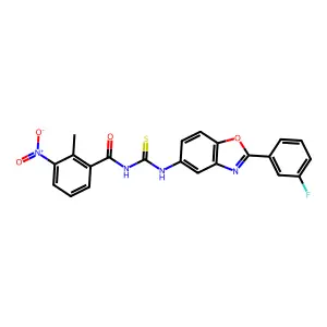 N-[[2-(3-fluorophenyl)-1,3-benzoxazol-5-yl]carbamothioyl]-2-methyl-3-nitrobenzamide structure