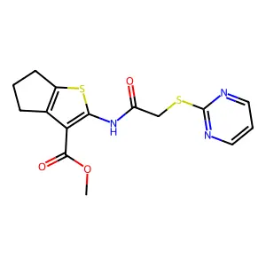 methyl 2-(2-(pyrimidin-2-ylthio)acetamido)-5,6-dihydro-4H-cyclopenta[b]thiophene-3-carboxylate structure