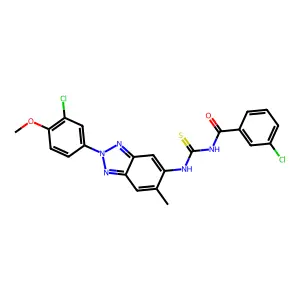 3-chloro-N-[[2-(3-chloro-4-methoxyphenyl)-6-methylbenzotriazol-5-yl]carbamothioyl]benzamide structure