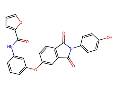 N-[3-[2-(4-hydroxyphenyl)-1,3-dioxoisoindol-5-yl]oxyphenyl]furan-2-carboxamide structure