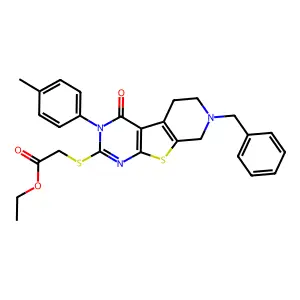 ethyl 2-((7-benzyl-4-oxo-3-(p-tolyl)-3,4,5,6,7,8-hexahydropyrido[4',3':4,5]thieno[2,3-d]pyrimidin-2-yl)thio)acetate structure
