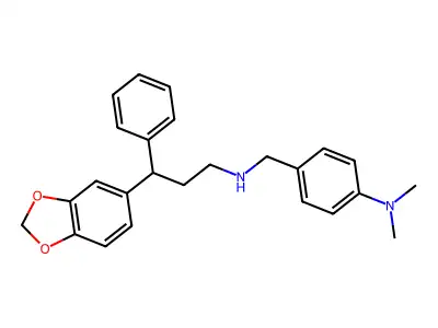 4-({[3-(1,3-benzodioxol-5-yl)-3-phenylpropyl]amino}methyl)-N,N-dimethylaniline structure
