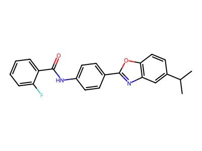 2-fluoro-N-{4-[5-(propan-2-yl)-1,3-benzoxazol-2-yl]phenyl}benzamide structure