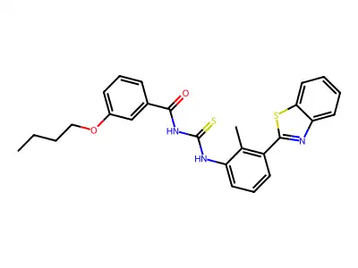 N-[[3-(1,3-benzothiazol-2-yl)-2-methylphenyl]carbamothioyl]-3-butoxybenzamide structure