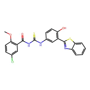 N-((3-(benzo[d]thiazol-2-yl)-4-hydroxyphenyl)carbamothioyl)-5-chloro-2-methoxybenzamide structure