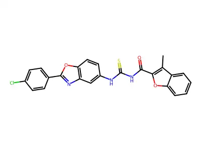 N-[[2-(4-chlorophenyl)-1,3-benzoxazol-5-yl]carbamothioyl]-3-methyl-1-benzofuran-2-carboxamide structure