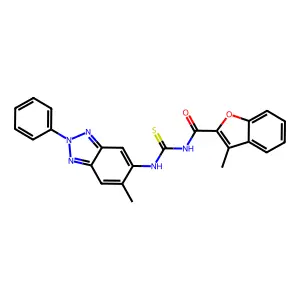 3-methyl-N-[(6-methyl-2-phenylbenzotriazol-5-yl)carbamothioyl]-1-benzofuran-2-carboxamide structure