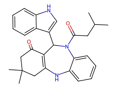 11-(1H-indol-3-yl)-3,3-dimethyl-10-(3-methylbutanoyl)-2,3,4,5,10,11-hexahydro-1H-dibenzo[b,e][1,4]diazepin-1-one structure