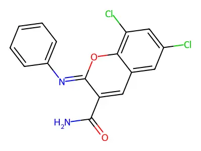 (2Z)-6,8-dichloro-2-(phenylimino)-2H-chromene-3-carboxamide structure
