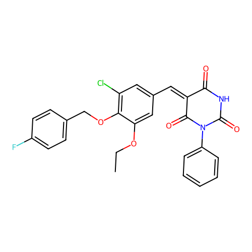 (Z)-5-(3-chloro-5-ethoxy-4-((4-fluorobenzyl)oxy)benzylidene)-1-phenylpyrimidine-2,4,6(1H,3H,5H)-trione structure