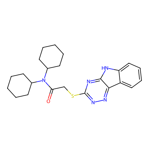2-((5H-[1,2,4]Triazino[5,6-b]indol-3-yl)thio)-N,N-dicyclohexylacetamide structure