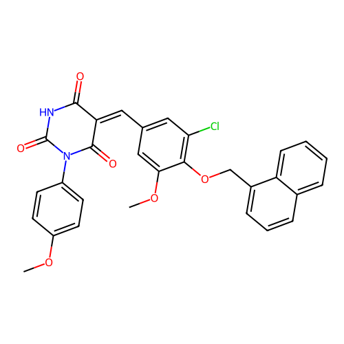 (5Z)-5-[[3-chloro-5-methoxy-4-(naphthalen-1-ylmethoxy)phenyl]methylidene]-1-(4-methoxyphenyl)-1,3-diazinane-2,4,6-trione structure