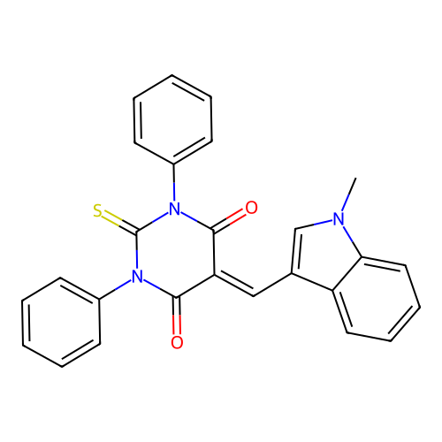 5-[(1-methylindol-3-yl)methylidene]-1,3-diphenyl-2-sulfanylidene-1,3-diazinane-4,6-dione structure