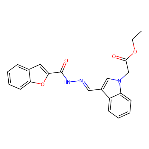 ethyl (3-{(E)-[2-(1-benzofuran-2-ylcarbonyl)hydrazinylidene]methyl}-1H-indol-1-yl)acetate structure