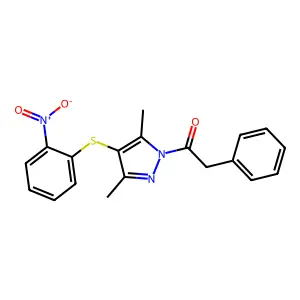 1-(3,5-dimethyl-4-((2-nitrophenyl)thio)-1H-pyrazol-1-yl)-2-phenylethanone structure