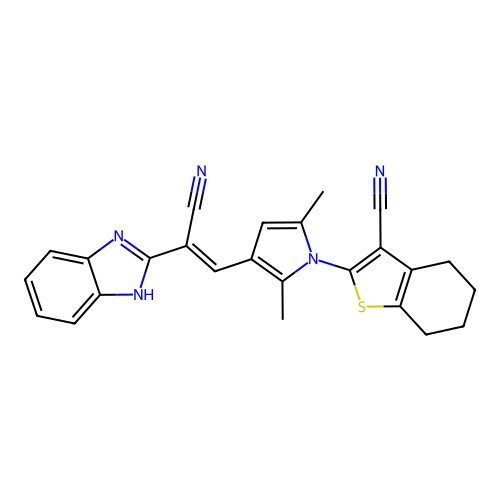 (E)-2-(3-(2-(1H-benzo[d]imidazol-2-yl)-2-cyanovinyl)-2,5-dimethyl-1H-pyrrol-1-yl)-4,5,6,7-tetrahydrobenzo[b]thiophene-3-carbonitrile structure