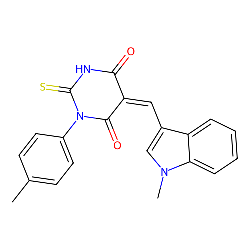 (Z)-5-((1-methyl-1H-indol-3-yl)methylene)-2-thioxo-1-(p-tolyl)dihydropyrimidine-4,6(1H,5H)-dione structure
