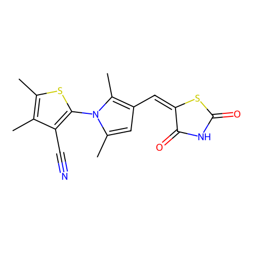 (E)-2-(3-((2,4-dioxothiazolidin-5-ylidene)methyl)-2,5-dimethyl-1H-pyrrol-1-yl)-4,5-dimethylthiophene-3-carbonitrile structure