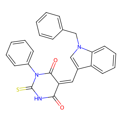 (5Z)-5-[(1-benzylindol-3-yl)methylidene]-1-phenyl-2-sulfanylidene-1,3-diazinane-4,6-dione structure