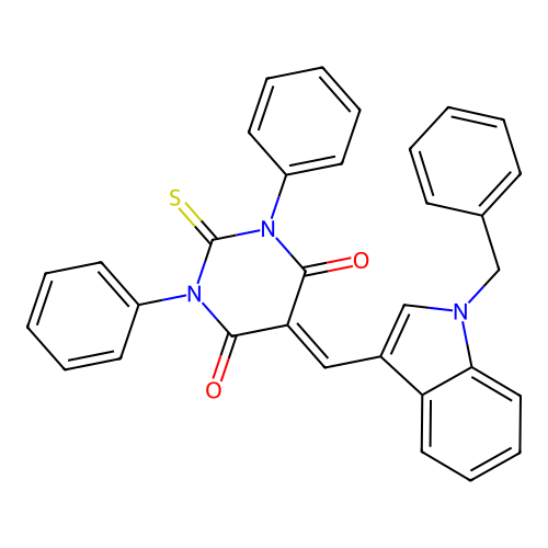5-[(1-benzylindol-3-yl)methylidene]-1,3-diphenyl-2-sulfanylidene-1,3-diazinane-4,6-dione structure